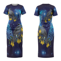 New Zealand Kokako Bird Family Matching Short Sleeve Bodycon Dress and Hawaiian Shirt Kowhai Galaxy Style Polynesian Pattern LT22 Mom's Dress Blue - Polynesian Pride