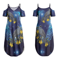 New Zealand Kokako Bird Family Matching Summer Maxi Dress and Hawaiian Shirt Kowhai Galaxy Style Polynesian Pattern LT22 Mom's Dress Blue - Polynesian Pride