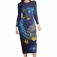 New Zealand Kokako Bird Long Sleeve Bodycon Dress Kowhai Galaxy Style Polynesian Pattern LT22 Long Dress Blue - Polynesian Pride