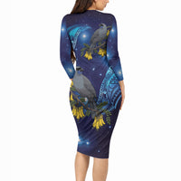 New Zealand Kokako Bird Long Sleeve Bodycon Dress Kowhai Galaxy Style Polynesian Pattern LT22 - Polynesian Pride