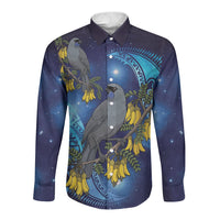 New Zealand Kokako Bird Long Sleeve Button Shirt Kowhai Galaxy Style Polynesian Pattern LT22 Unisex Blue - Polynesian Pride