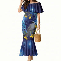 New Zealand Kokako Bird Mermaid Dress Kowhai Galaxy Style Polynesian Pattern LT22 Women Blue - Polynesian Pride