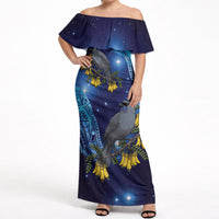 New Zealand Kokako Bird Off Shoulder Maxi Dress Kowhai Galaxy Style Polynesian Pattern LT22 Women Blue - Polynesian Pride