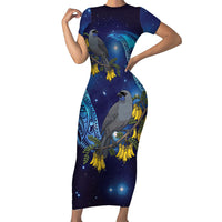 New Zealand Kokako Bird Short Sleeve Bodycon Dress Kowhai Galaxy Style Polynesian Pattern