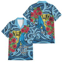 Personalised New Zealand Father's Day Family Matching Mermaid Dress and Hawaiian Shirt Best Dad Trophy Red Rose Maori Pattern LT22 Dad's Shirt - Short Sleeve Blue - Polynesian Pride