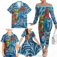Personalised New Zealand Father's Day Family Matching Off The Shoulder Long Sleeve Dress and Hawaiian Shirt Best Dad Trophy Red Rose Maori Pattern LT22 - Polynesian Pride