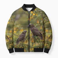 New Zealand Kaka Bird Bomber Puffer Jacket Kowhai Flower Landscape Style LT22 Unisex Green - Polynesian Pride