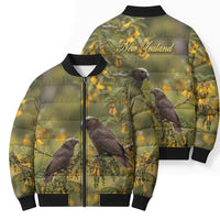 New Zealand Kaka Bird Bomber Puffer Jacket Kowhai Flower Landscape Style LT22 - Polynesian Pride
