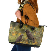 New Zealand Kaka Bird Leather Tote Bag Kowhai Flower Landscape Style LT22 Green - Polynesian Pride