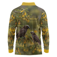 New Zealand Kaka Bird Long Sleeve Polo Shirt Kowhai Flower Landscape Style LT22 - Polynesian Pride
