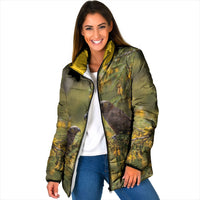New Zealand Kaka Bird Padded Jacket Kowhai Flower Landscape Style LT22 Women Green - Polynesian Pride