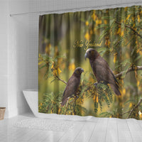New Zealand Kaka Bird Shower Curtain Kowhai Flower Landscape Style