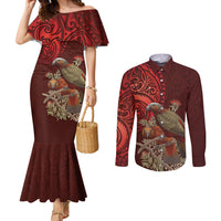 New Zealand Kaka Bird Personalised Couples Matching Mermaid Dress and Long Sleeve Button Shirt Pohutukawa Matariki Maori Pattern LT22 Red - Polynesian Pride