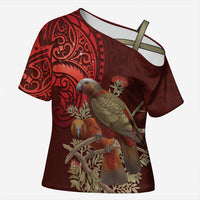 New Zealand Kaka Bird Personalised Cross Shoulder Shirt Pohutukawa Matariki Maori Pattern LT22 Female Red - Polynesian Pride