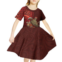 New Zealand Kaka Bird Personalised Kid Short Sleeve Dress Pohutukawa Matariki Maori Pattern LT22 - Polynesian Pride