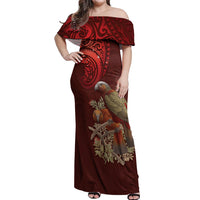 New Zealand Kaka Bird Personalised Off Shoulder Maxi Dress Pohutukawa Matariki Maori Pattern LT22 Women Red - Polynesian Pride