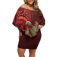 New Zealand Kaka Bird Personalised Off Shoulder Short Dress Pohutukawa Matariki Maori Pattern LT22 Women Red - Polynesian Pride