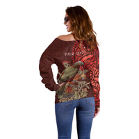 New Zealand Kaka Bird Personalised Off Shoulder Sweater Pohutukawa Matariki Maori Pattern