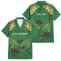 Personalised South Canterbury Anniversary Day Family Matching Off Shoulder Short Dress and Hawaiian Shirt Kiwi Kowhai Silver Fern Maori Pattern LT22 Dad's Shirt - Short Sleeve Green - Polynesian Pride