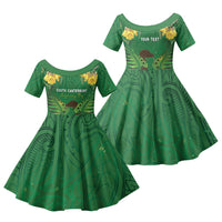 Personalised South Canterbury Anniversary Day Family Matching Short Sleeve Bodycon Dress and Hawaiian Shirt Kiwi Kowhai Silver Fern Maori Pattern LT22 Daughter's Dress Green - Polynesian Pride