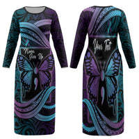 Personalised Polynesia Suicide Prevention Month Family Matching Long Sleeve Bodycon Dress and Hawaiian Shirt Semicolon Butterfly Never Give Up Polynesian Pattern LT22 Mom's Dress Teal - Polynesian Pride