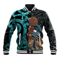 New Zealand Tui Bird Wahaika Baseball Jacket Maori Weapon Paua Shell Koru Pattern LT22 Unisex Black - Polynesian Pride
