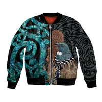 New Zealand Tui Bird Wahaika Bomber Jacket Maori Weapon Paua Shell Koru Pattern LT22 Unisex Black - Polynesian Pride
