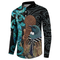 New Zealand Tui Bird Wahaika Button Sweatshirt Maori Weapon Paua Shell Koru Pattern LT22 - Polynesian Pride