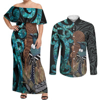 New Zealand Tui Bird Wahaika Couples Matching Off Shoulder Maxi Dress and Long Sleeve Button Shirt Maori Weapon Paua Shell Koru Pattern LT22 Black - Polynesian Pride