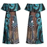 New Zealand Tui Bird Wahaika Couples Matching Off Shoulder Maxi Dress and Long Sleeve Button Shirt Maori Weapon Paua Shell Koru Pattern LT22 - Polynesian Pride