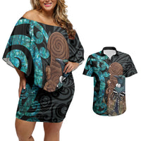 New Zealand Tui Bird Wahaika Couples Matching Off Shoulder Short Dress and Hawaiian Shirt Maori Weapon Paua Shell Koru Pattern LT22 Black - Polynesian Pride