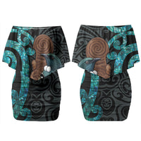 New Zealand Tui Bird Wahaika Couples Matching Off Shoulder Short Dress and Long Sleeve Button Shirt Maori Weapon Paua Shell Koru Pattern LT22 - Polynesian Pride