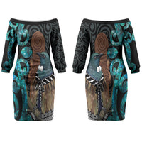 New Zealand Tui Bird Wahaika Couples Matching Off The Shoulder Long Sleeve Dress and Hawaiian Shirt Maori Weapon Paua Shell Koru Pattern LT22 - Polynesian Pride