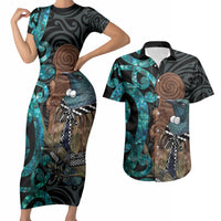 New Zealand Tui Bird Wahaika Couples Matching Short Sleeve Bodycon Dress and Hawaiian Shirt Maori Weapon Paua Shell Koru Pattern LT22 Black - Polynesian Pride