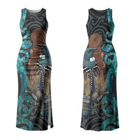 New Zealand Tui Bird Wahaika Couples Matching Tank Maxi Dress and Long Sleeve Button Shirt Maori Weapon Paua Shell Koru Pattern LT22 - Polynesian Pride