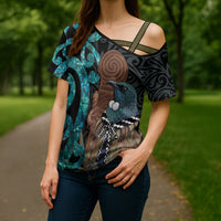 New Zealand Tui Bird Wahaika Cross Shoulder Shirt Maori Weapon Paua Shell Koru Pattern LT22 - Polynesian Pride