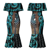 New Zealand Tui Bird Wahaika Family Matching Mermaid Dress and Hawaiian Shirt Maori Weapon Paua Shell Koru Pattern LT22 Mom's Dress Black - Polynesian Pride