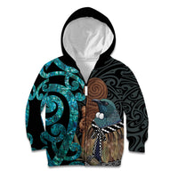 New Zealand Tui Bird Wahaika Kid Hoodie Maori Weapon Paua Shell Koru Pattern LT22 Zip Hoodie Black - Polynesian Pride