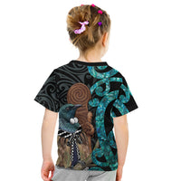 New Zealand Tui Bird Wahaika Kid T Shirt Maori Weapon Paua Shell Koru Pattern LT22 - Polynesian Pride
