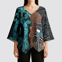 New Zealand Tui Bird Wahaika Kimono Sleeve Blouse Maori Weapon Paua Shell Koru Pattern LT22 - Polynesian Pride
