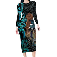 New Zealand Tui Bird Wahaika Long Sleeve Bodycon Dress Maori Weapon Paua Shell Koru Pattern LT22 Long Dress Black - Polynesian Pride