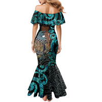 New Zealand Tui Bird Wahaika Mermaid Dress Maori Weapon Paua Shell Koru Pattern LT22 - Polynesian Pride