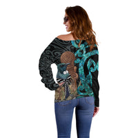 New Zealand Tui Bird Wahaika Off Shoulder Sweater Maori Weapon Paua Shell Koru Pattern LT22 - Polynesian Pride