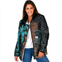 New Zealand Tui Bird Wahaika Padded Jacket Maori Weapon Paua Shell Koru Pattern LT22 Women Black - Polynesian Pride