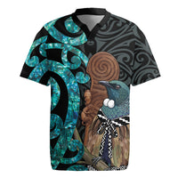 New Zealand Tui Bird Wahaika Rugby Jersey Maori Weapon Paua Shell Koru Pattern LT22 Black - Polynesian Pride