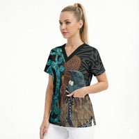 New Zealand Tui Bird Wahaika Scrub Top Maori Weapon Paua Shell Koru Pattern LT22 - Polynesian Pride