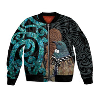 New Zealand Tui Bird Wahaika Sleeve Zip Bomber Jacket Maori Weapon Paua Shell Koru Pattern LT22 Unisex Black - Polynesian Pride