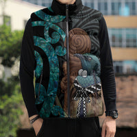 New Zealand Tui Bird Wahaika Sleeveless Puffer Jacket Maori Weapon Paua Shell Koru Pattern LT22 - Polynesian Pride