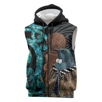 New Zealand Tui Bird Wahaika Sleeveless Zip Hoodie Maori Weapon Paua Shell Koru Pattern LT22 Black - Polynesian Pride