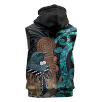 New Zealand Tui Bird Wahaika Sleeveless Zip Hoodie Maori Weapon Paua Shell Koru Pattern LT22 - Polynesian Pride